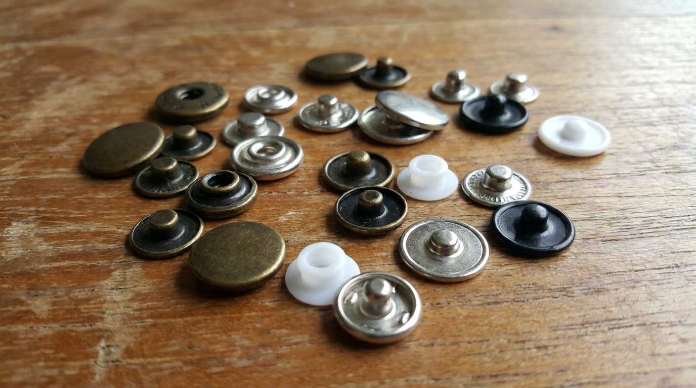press on buttons, Press on buttons in black, white, silver, and antique finishes are grouped on a wooden surface.